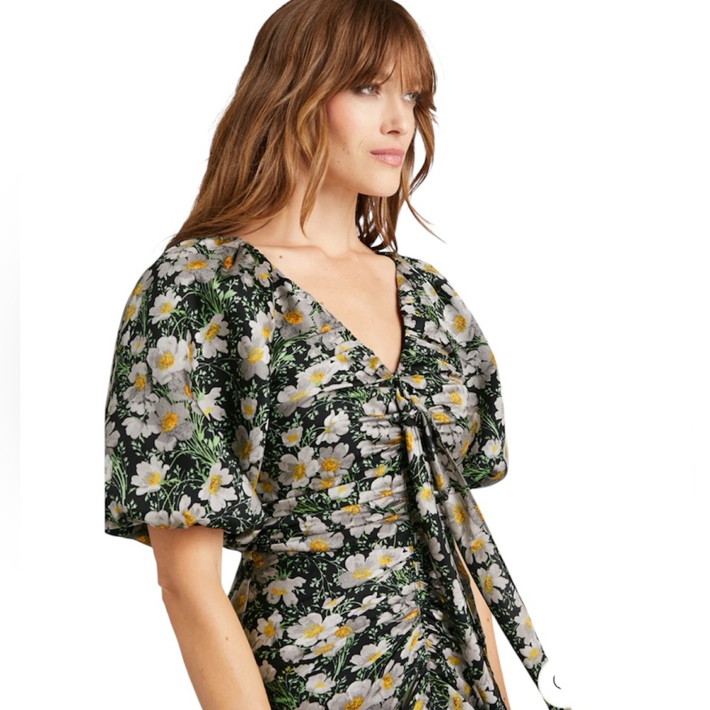 Cinq à Sept Cosmo Flowers Brenton Dress Puff Sleeves Ruched Tie-front